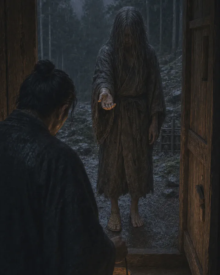 Illustrated rain-soaked mountain woman standing outside a farmhouse door with one hand extended toward a lantern-carrying man
