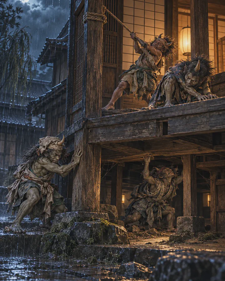 Illustrated wooden house at night in the rain, small muscular oni crouched under the raised veranda and on the beams, gripping and pushing at the posts